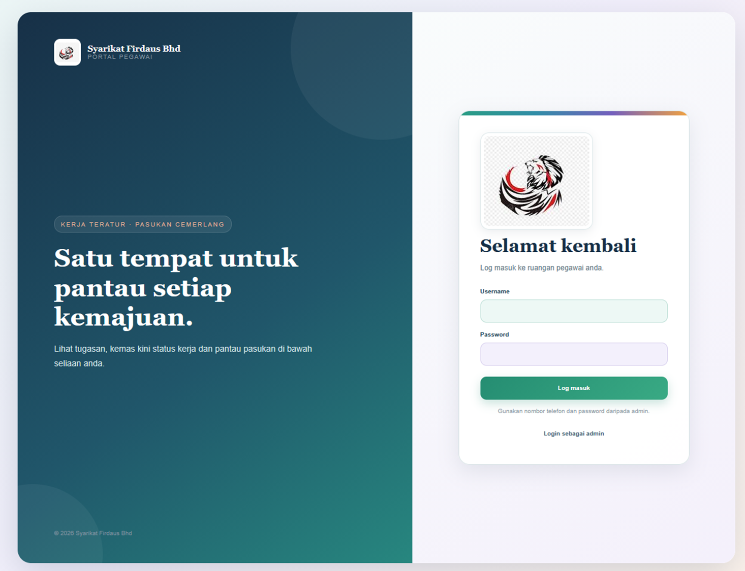Paparan log masuk portal pegawai Jejak Kerja